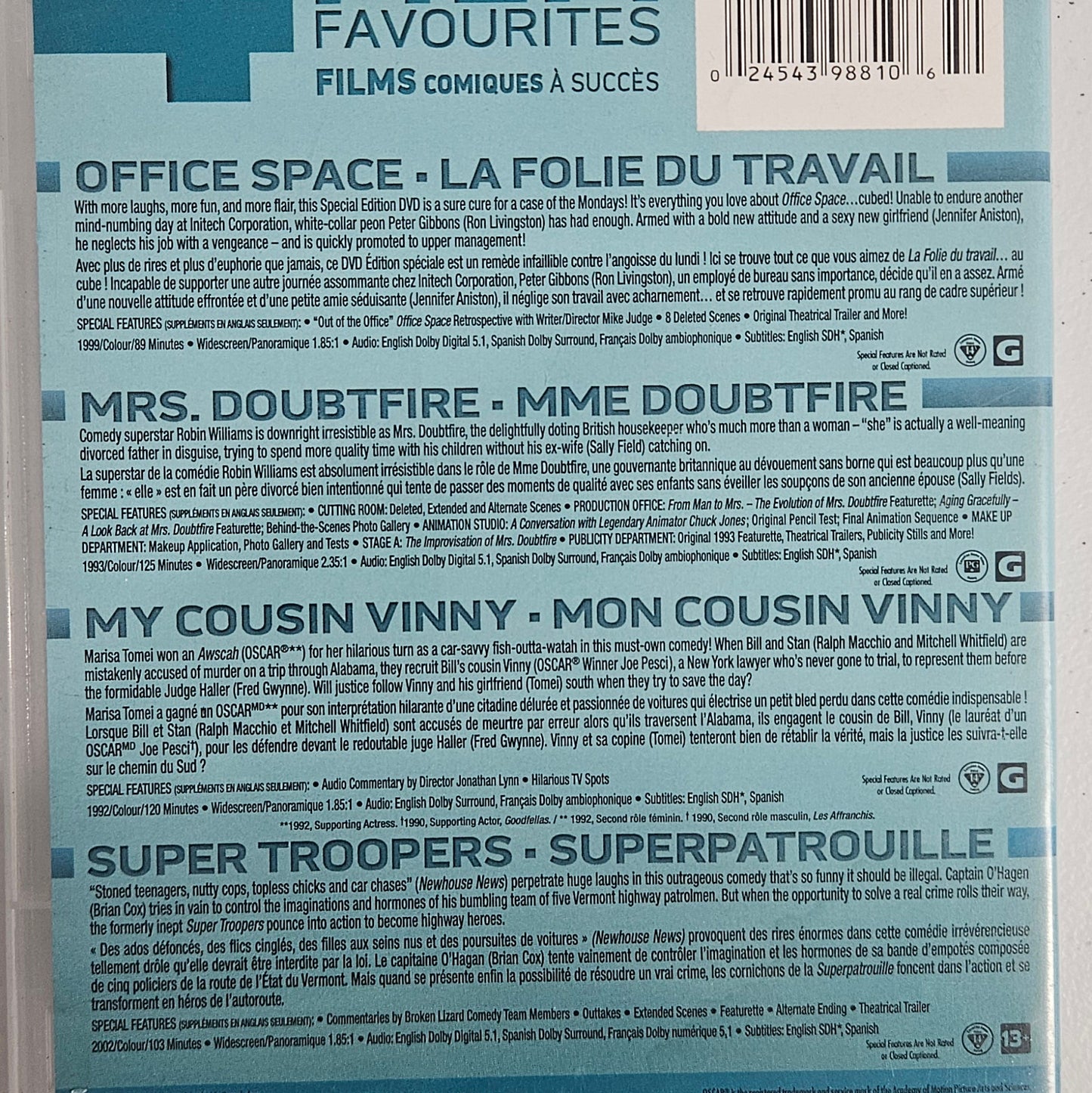 4 Comedy Film Favourites: Office Space / Mrs. Doubtfire / My Cousin Vinny / Super Troopers